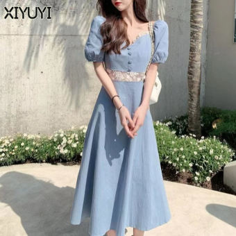 XIYUYI Đầm Cho Nữ Đầm Tay Phồng Cổ Điển Kiểu Pháp Đầm Tay Ngắn Thắt Eo Mới 2022