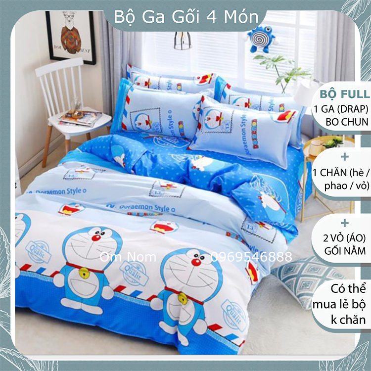 Bộ chăn ga gối đệm đẹp, cute chất Cotton Hàn Quốc, giá rẻ, BỘ 4 MÓN: 1 drap giường, 2 vỏ gối nằm, 1 chăn, họa tiết hình DORAEMON THƯ cho bé trai