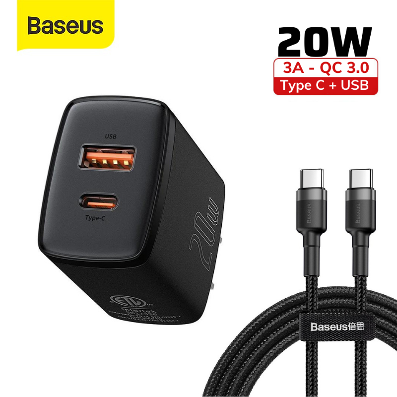 Bộ củ sạc kèm dây sạc nhanh 2 đầu type c pd 20w qc 3.0 Baseus 2 cổng - cốc sạc kèm cáp sạc type c to type c cho samsung oppo,...vv
