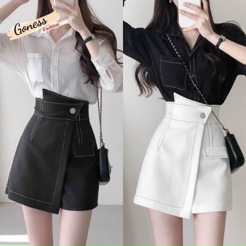 Chân váy chữ A cạp cao chỉ nổi C42 Chân váy nữ đắp chéo 2 màu đen trắng dễ phối đồ kiểu dáng mới lạ thời trang