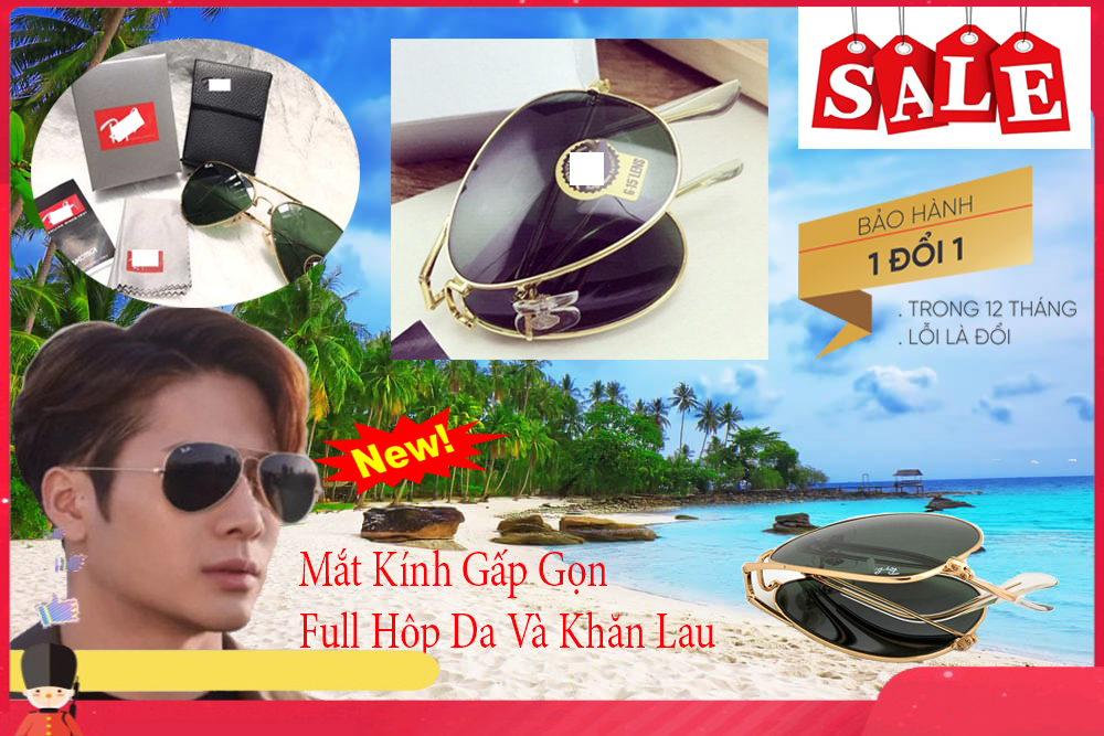 Mắt kính thời trang gấp gọn - mắt kính r.b chống tia uv hàng cao cấp - mắt kính thủy tinh gọng thép màu vàng