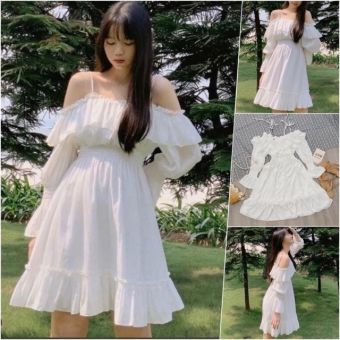 Đầm dây xòe trễ vai trắng