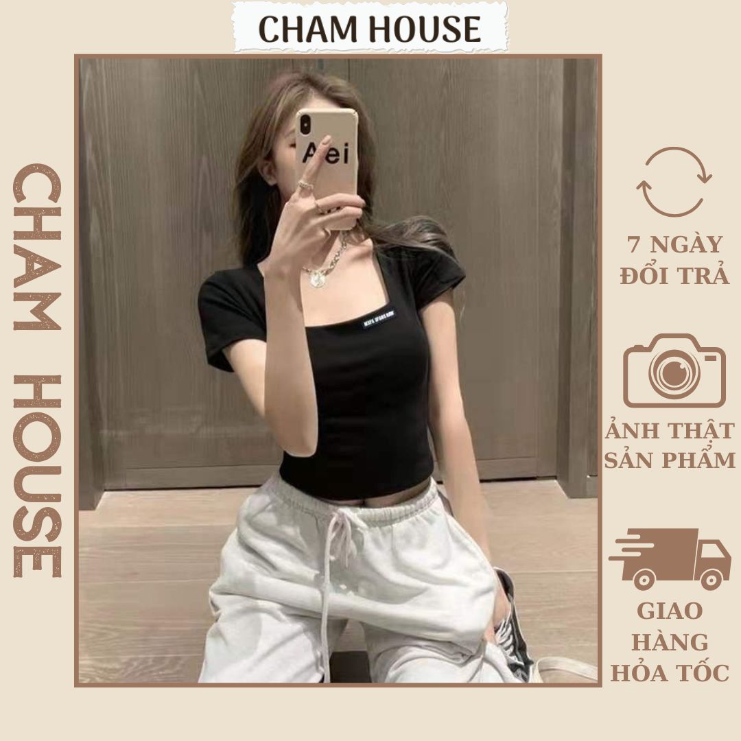 Áo thun nữ croptop body cổ vuông chất thun tăm co giãn 4 chiều kèm logo