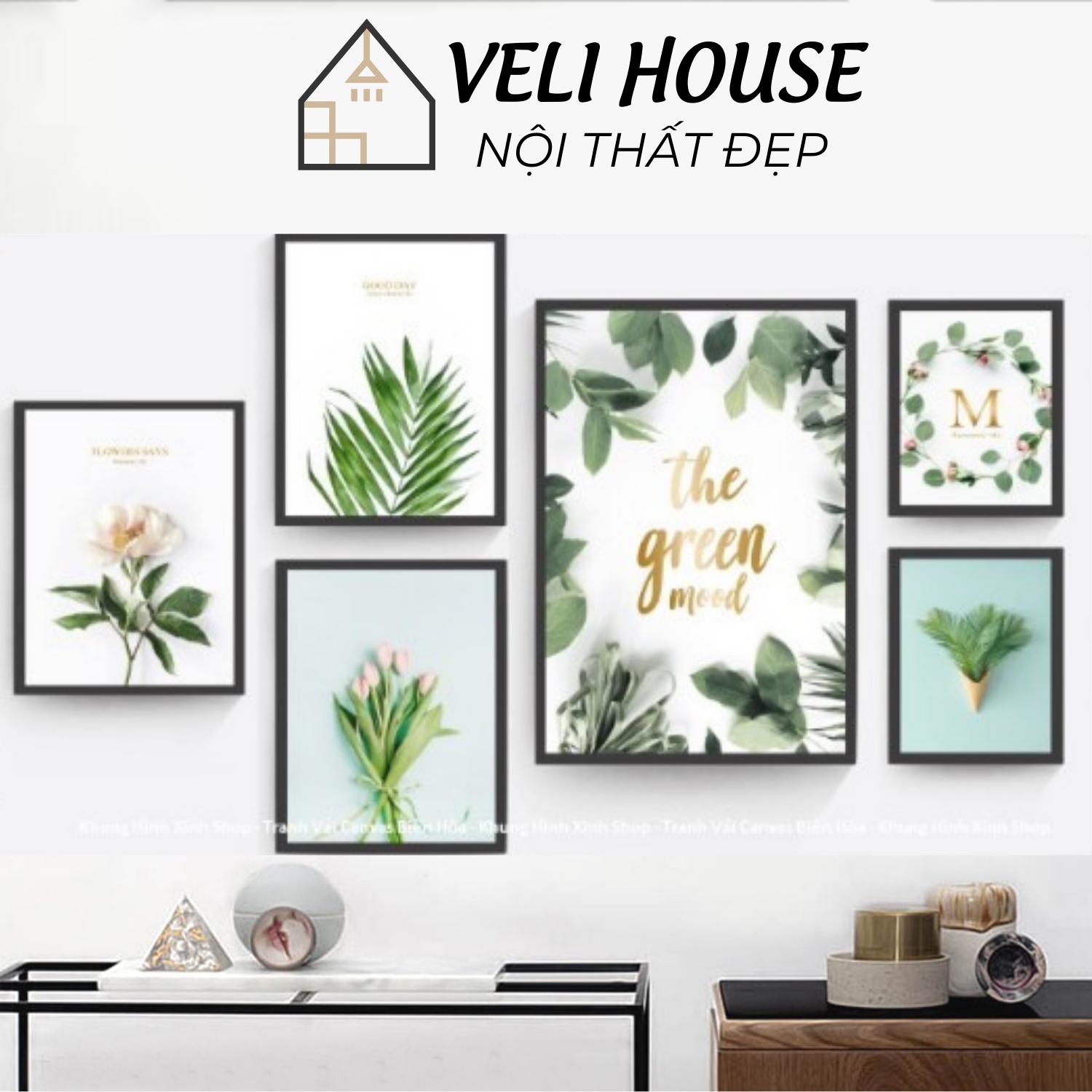Bộ 6 tranh vải canvas treo tường bắc âu kcv72 - Lá nhiệt đới - Kèm khung - Veli house