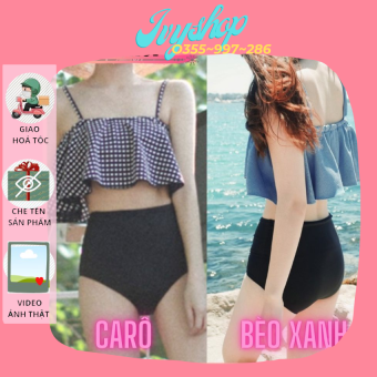 Đồ Bơi Nữ bikini Đi Biển Dáng Xoè Bèo Nhún 2 Dây Kèm Quần Cạp Cao - Bơi Caro , Bèo Xan - Ivyshop