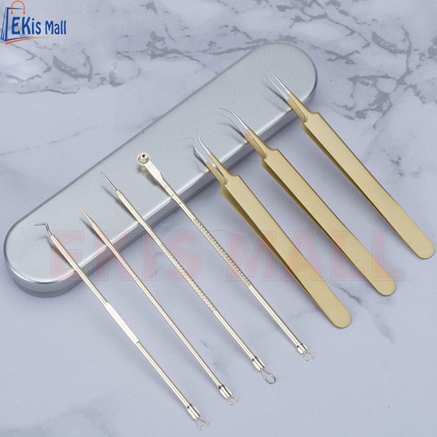 Bộ dụng cụ Nặn mụn 7 món Que nặn mụn đầu đen bằng thép có hộp đựng