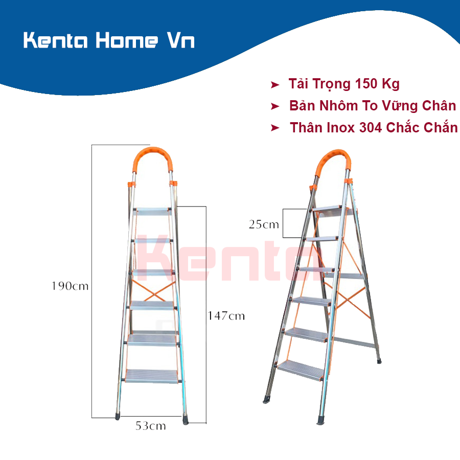Thang nhôm ghế tay vịn 6 Bậc ( Bậc Trên Cùng Cao 145cm) Khung inox 304 chống ăn mòn rỉ sét cực kỳ chắc chắn an toàn, Thang nhôm ghế nhập khẩu bảo hành chính hãng 1 năm