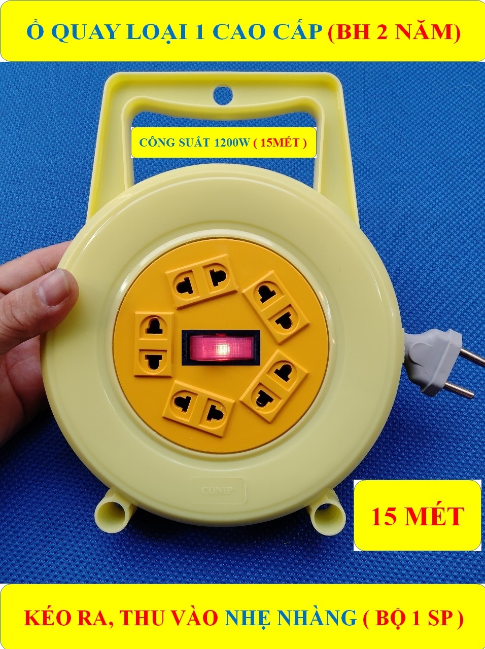 15 Mét Ổ cắm điện, tròn xoay 1200W cao cấp (BH 2 NĂM) + 1 công tắc + 5 ổ cắm + 1 Đèn LED báo ( bộ 1 sản phẩm )