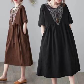CottonDesign Đầm Mùa Hè Dáng Rộng Tay Ngắn Mới Về Đầm Cổ Điển Vải Lanh Cotton Chắp Vá Đầm Midi Thường Ngày Du Lịch Cho Nữ Ngoại Cỡ 3BD0112