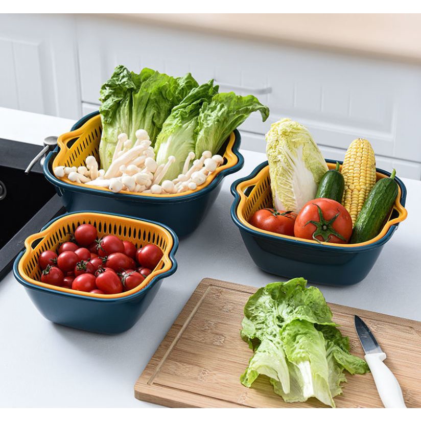 BỘ RỔ NHỰA KÈM THAU 6 MÓN CAO CẤP, nhựa ABS an toàn siêu bền, set rổ thông minh loại tốt, dụng cụ nhà bếp đa năng, rổ rửa rau có chậu