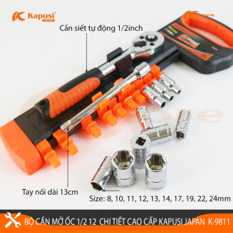 BỘ TUÝP KHẨU 1/2 12 CHI TIẾT KAPUSI JAPAN K-9811 - BỘ TAY VẶN KÈM KHẨU VẶN ỐC, Tuýp mở bulong, Bộ điếu mở ốc, Bộ khẩu mở siết ốc, Bộ tuýp Nhật Bản, Bộ tuýp sửa xe máy, Bộ khẩu tuýp