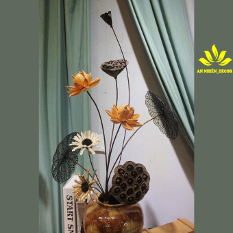 Set Hoa Khô Trang Trí - Hoa sen - Đài sen - Lá Sen Gỗ Phong Cách Vintage- Set Hoa Khô 03