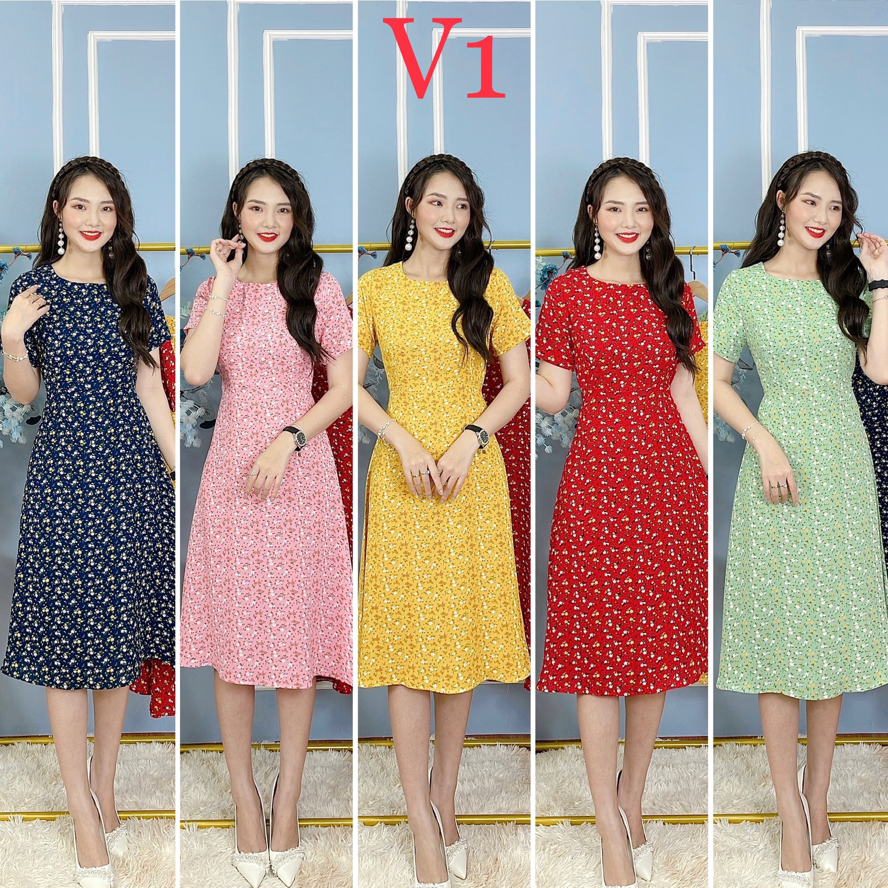 [V1] Váy hoa nhí , Đầm hoa nhí , váy ngủ , đầm hoa 5 màu Chất lụa Hàn châu cao cấp, mặc đi chơi - mặc ở nhà