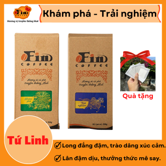 Bộ sản phẩm Khám phá - Trải nghiệm từ FIN COFFEE thuộc bộ sưu tập Tứ Linh, cà phê rang xay nguyên chất, đạt chứng nhận ATTP.