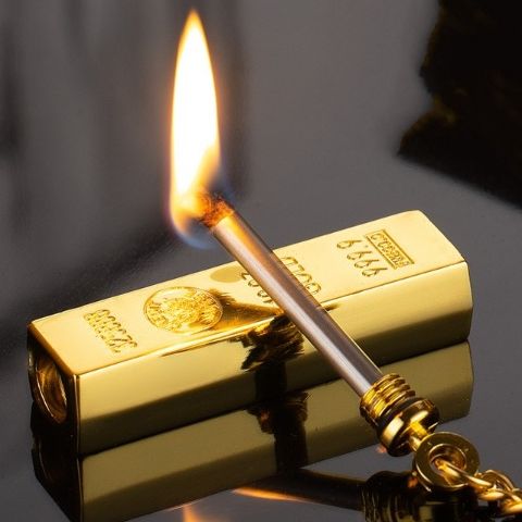 Móc khóa bật lửa diêm xăng hình thỏi vàng phong thủy hút tài lộc