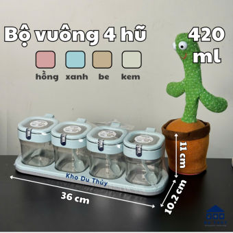Bộ 4 hũ gia vị kèm muỗng và khay đựng cao cấp. K chảy nước, kín khí. hũ gia vị gia đình