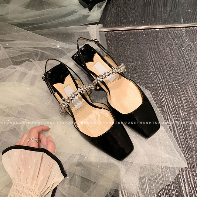 Giày Sandal Nữ Da Bóng Gót Vuông Phối Quai Ngang Đính Đá Thời Trang Phong Cách Hàn Quốc - SA008