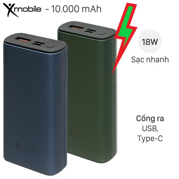 JP213 (tặng kèm cáp sạc) Pin sạc dự phòng 10.000mAh Type C QC3.0 Xmobile PowerSlim