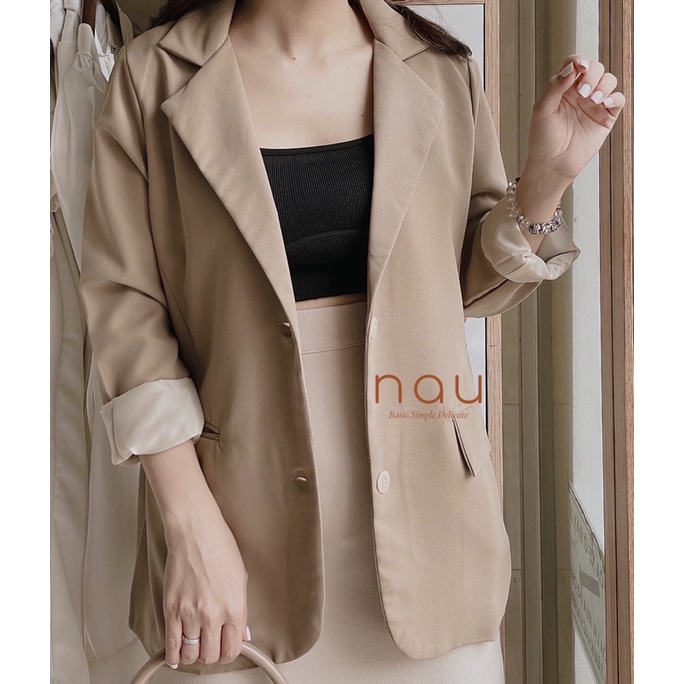 Áo blazer tay dài 2 lớp có túi vải siêu dày dặn màu Nâu - Đen - Hồng nude - Xanh - Kem