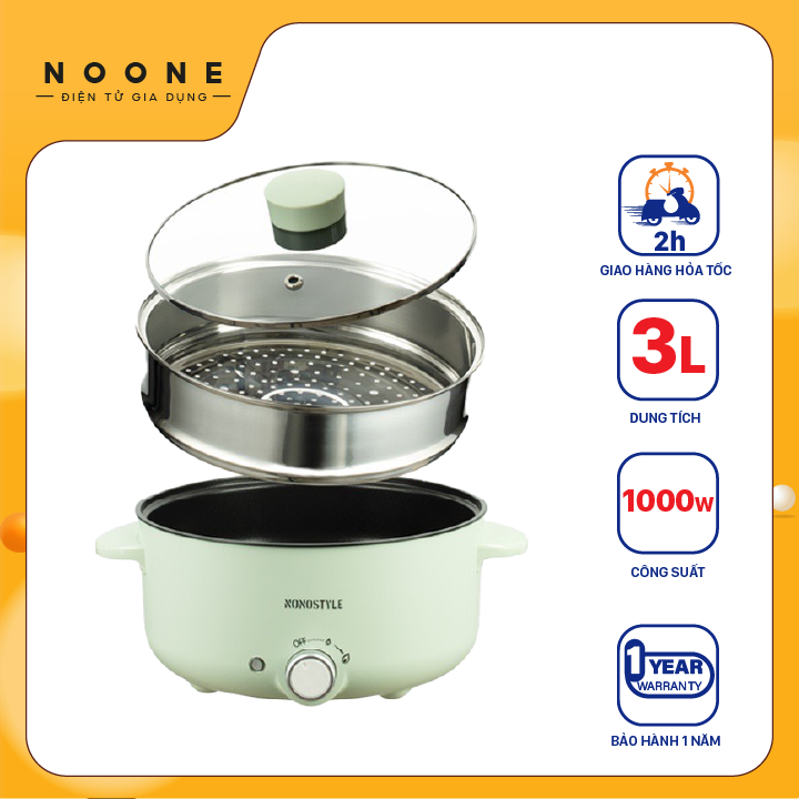 Nonostyle nồi điện đa năng 3 lít - công suất 1000w - 6 chức năng - chiên xào hấp nấu hầm nhúng lẩu - bảo hành 12 tháng