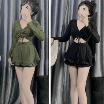 sss - Set áo phối dây rút tay dài - chân váy viền bèo siêu xinh B1111 June