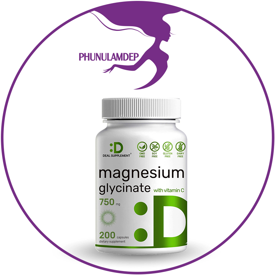 Magnesium Glycinate 750mg with Vitamin C, 200 Capsules Deal Supplement hỗ trợ mạnh mẽ sức khỏe xương, tim mạch và cơ