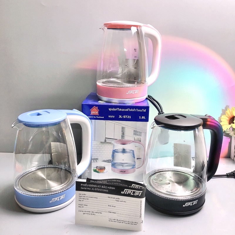 Ấm siêu tốc jiplai thủy tinh jl-st21 1.8 lít ấm siêu tốc thủy tinh 1.8l jiplai st21 thiết kế hiện đại trong suốt có đèn led, 1 đổi 1 trong vòng 7 ngày, bh 12 tháng ấm đun siêu tốc 1.8l thủy tinh jiplai st-21