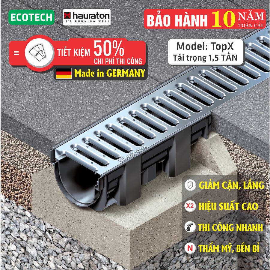 Cống thoát nước lắp ghép HAURATON TOPX: Lựa chọn nắp nhựa Composite hoặc Thép mạ kẽm, Chính hãng, nhập khẩu ĐỨC.Bảo hành 10 năm toàn cầu