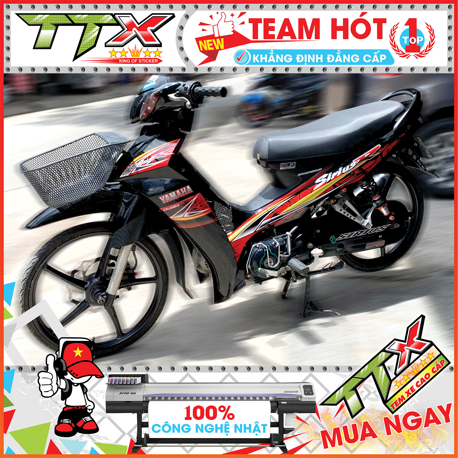 Tem chế sirius 110 màu đỏ đen , Team rời sirius yamaha dán xe màu đỏ đen siêu đẹp , Shop TTX Tem sirius