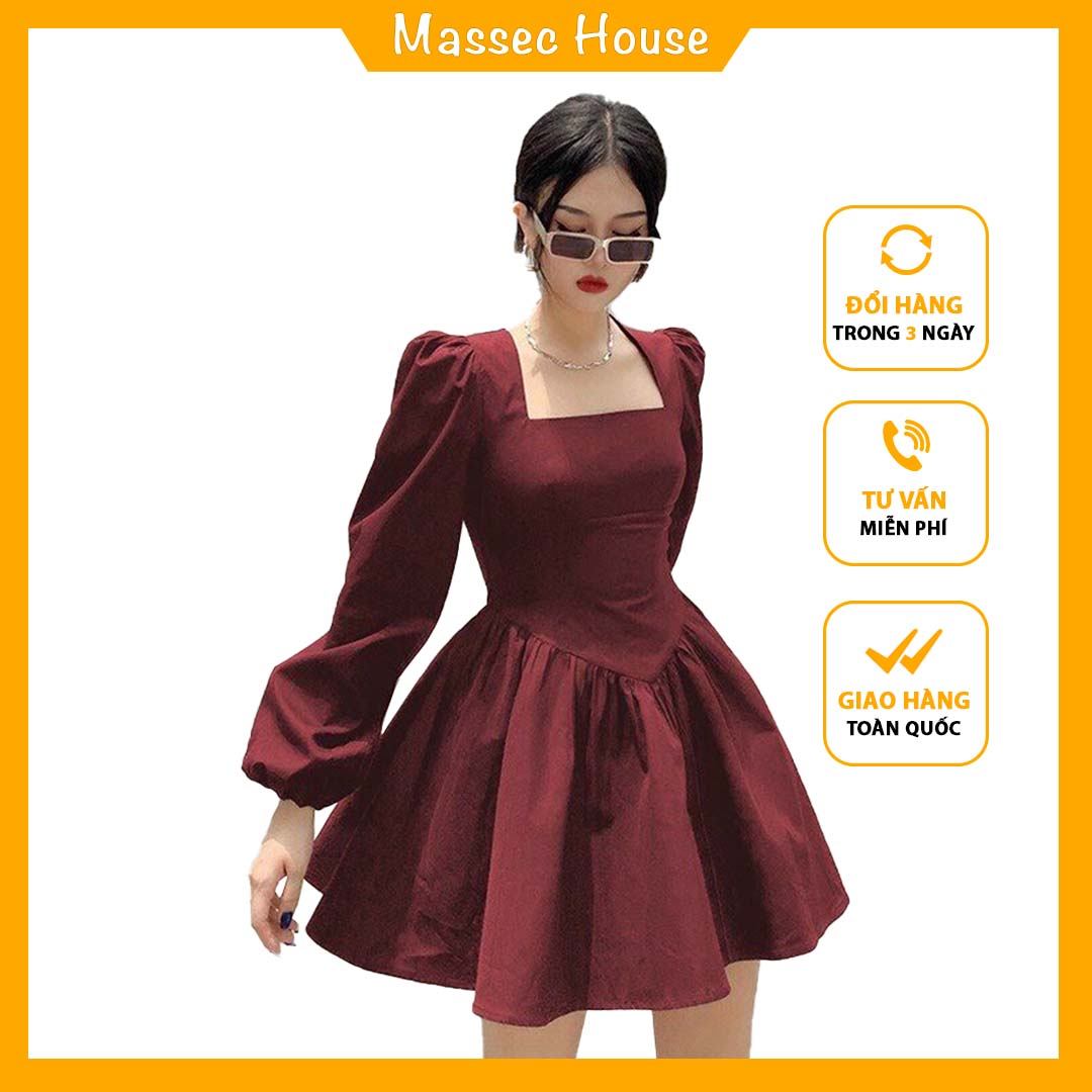Váy Cổ Vuông Dáng Xoè Chữ A - Đầm Cổ Vuông Dáng Xoè Chữ A Tay Bồng, Thiết Kế Tiểu Thư Siêu Xinh, Chất Co Giãn Nhẹ - GG01 Massec House