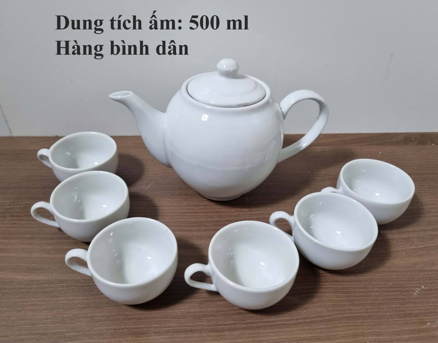 Bộ trà/bộ ấm chén trắng, hàng bình dân, không đĩa kê, dung tích 500 ml
