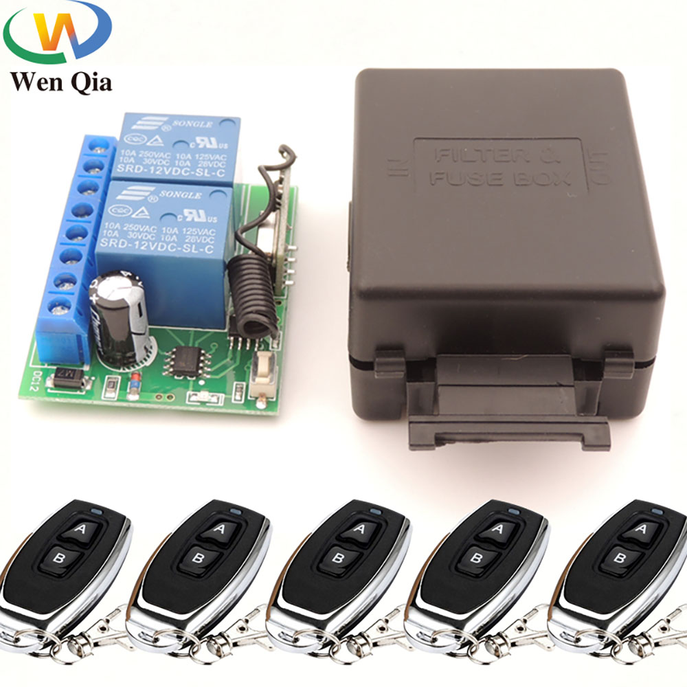 Wenqia bộ thu rơ le dc 12v 10a 2ch công tắc điều khiển từ xa không dây rf, bộ mở bộ điều khiển nhà để xe/cửa/động cơ thông dụng 433mhz