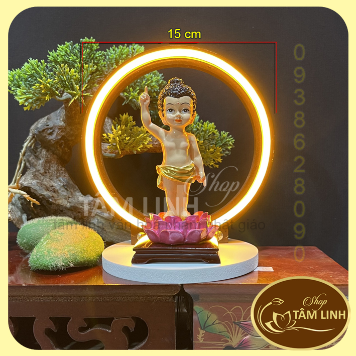 Tượng phật đản sanh cao 13 cm kèm vòng hào quang led neon