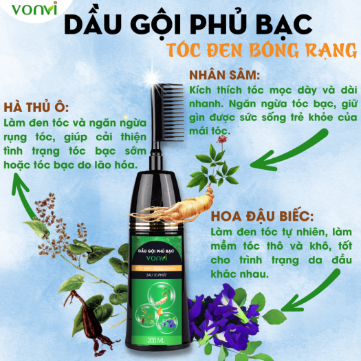 Dầu gội phủ bạc đen tóc VONVI sau 10 phút với thiết kế lược chải 200ml