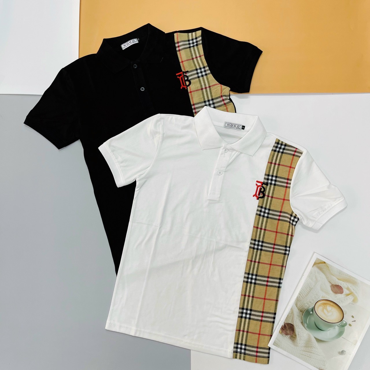 Áo thun nam cổ trụ vải cotton logo in chữ "ib" phối caro đẹp mắt, chuẩn form - sora store