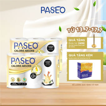 Combo 2 lốc giấy bếp đa năng cao cấp Paseo Calorie Absorb lau dầu mỡ, thấm hút nhanh (3 cuộn 2 lớp)/lốc
