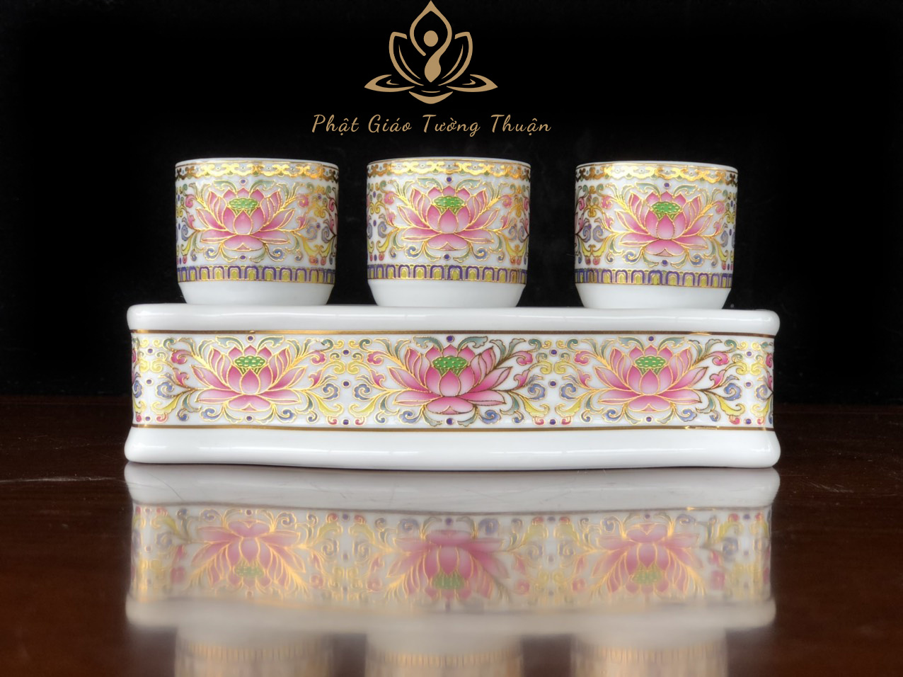 Bộ Thờ Cúng Án 3 2018 Họa Tiết Hoa Văn Sen Hồng Bằng Sứ Cao Cấp - Phật Giáo Tường Thuận