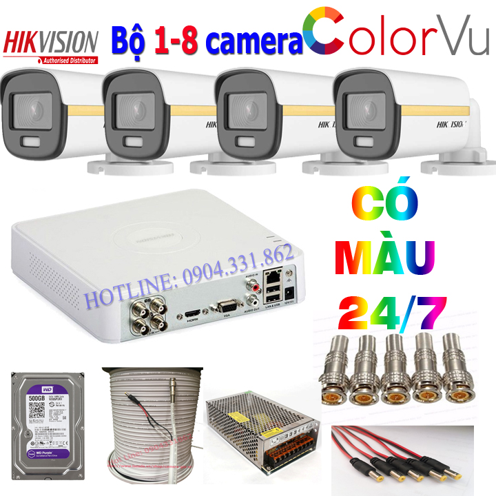 (Chính hãng) BỘ 1-8 CAMERA FULL COLOR CÓ MÀU BAN ĐÊN CHÍNH HÃNG HIKVISION FULL PHỤ KIỆN LẮP ĐẶT ( H7 )