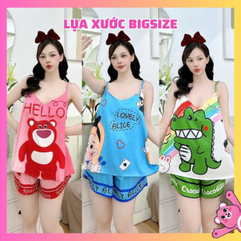 Bộ đồ ngủ 2 dây dễ thương bigsize đùi 60-75kg đồ ngủ lụa xước set đồ bộ nữ mặc nhà giá rẻ đồ ngủ nữ gấu dâu cute mới