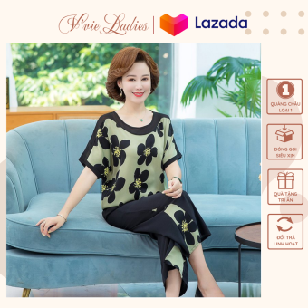 Đồ bộ nữ trung niên, Áo voan cánh dơi cổ tròn hai màu, quần cát ống rộng V'vie Ladies