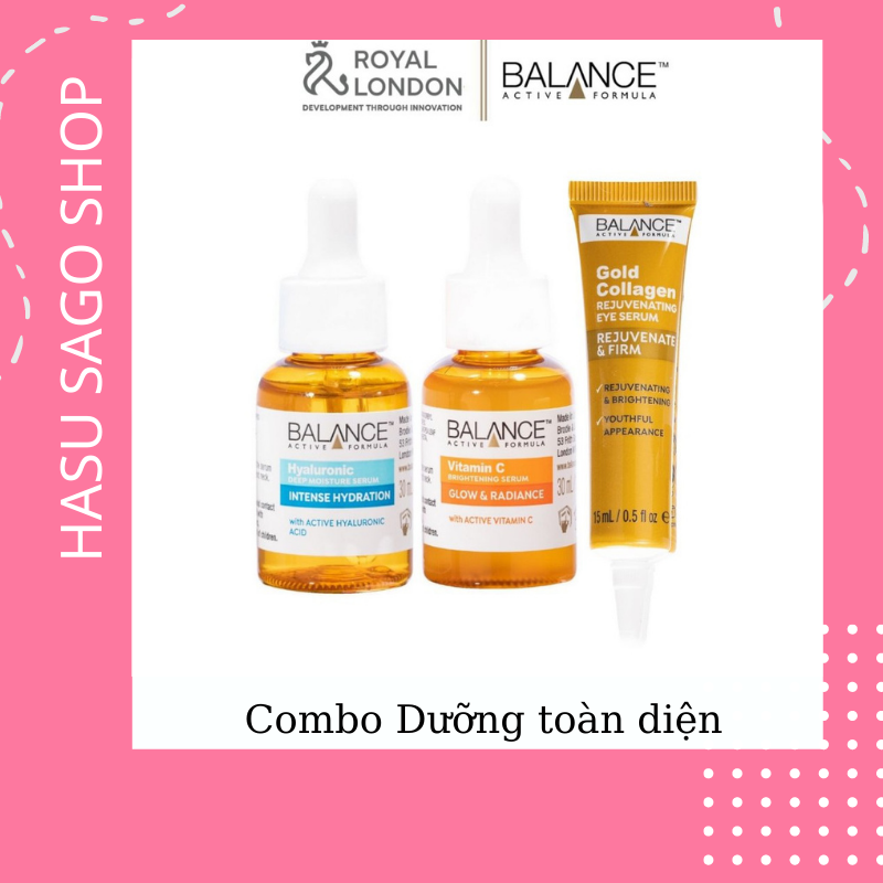 Combo Balance dưỡng toàn diện Serum Vitamin C 30ml+Serum Hyaluronic 30ml+Kem mắt Gold Collagen 15ml
