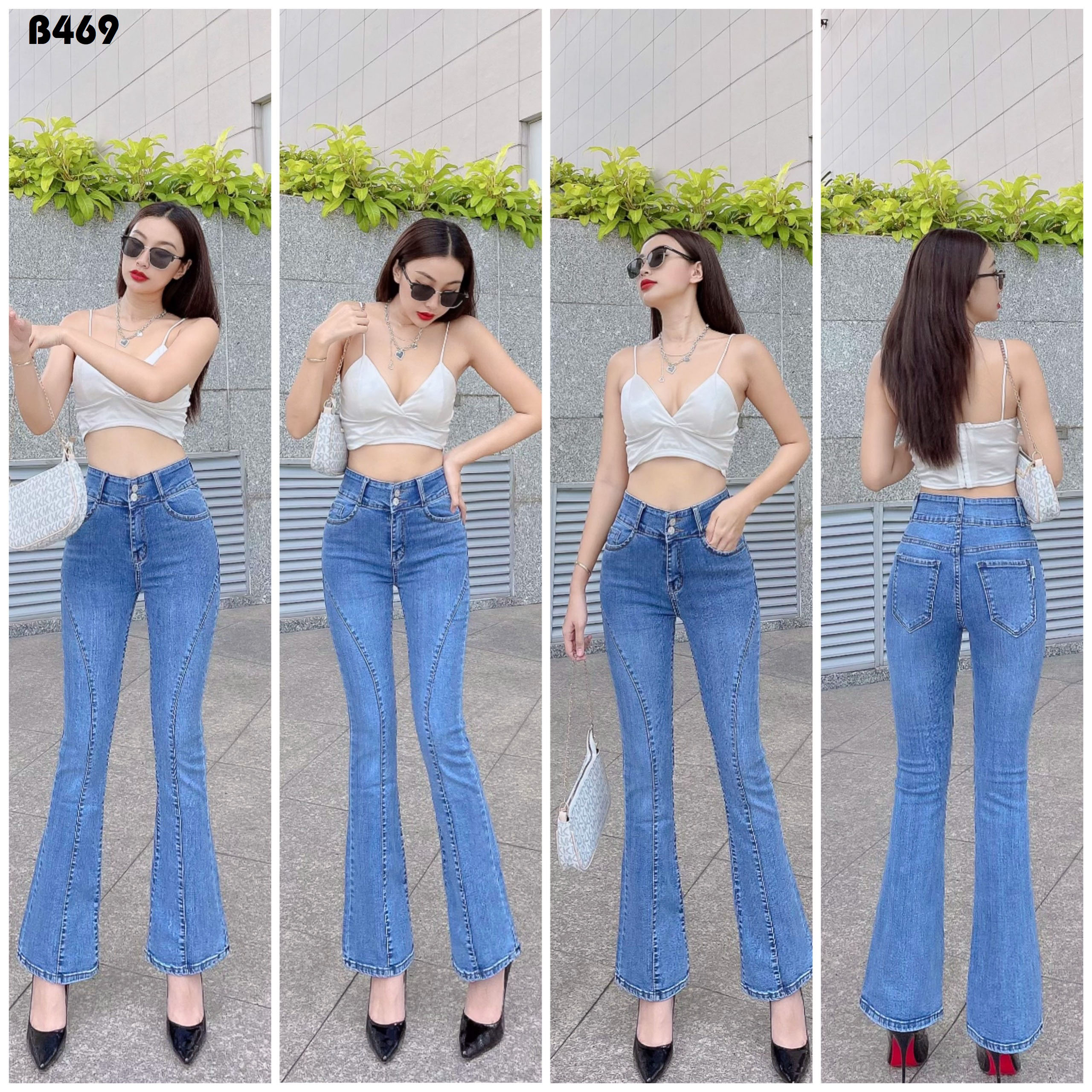 Quần jean bò nữ ống loe lưng cao 2 nút gân chéo trước màu xanh biển nhạt chất co giãn B469