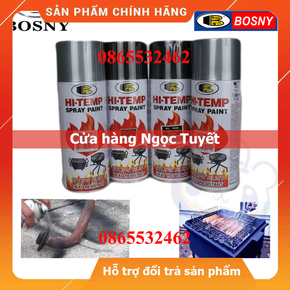 Sơn xịt chịu nhiệt 200 độ & 600 độ hi-temp, sơn bếp ga, sơn pô xe, sơn nhiệt độ cao bosny