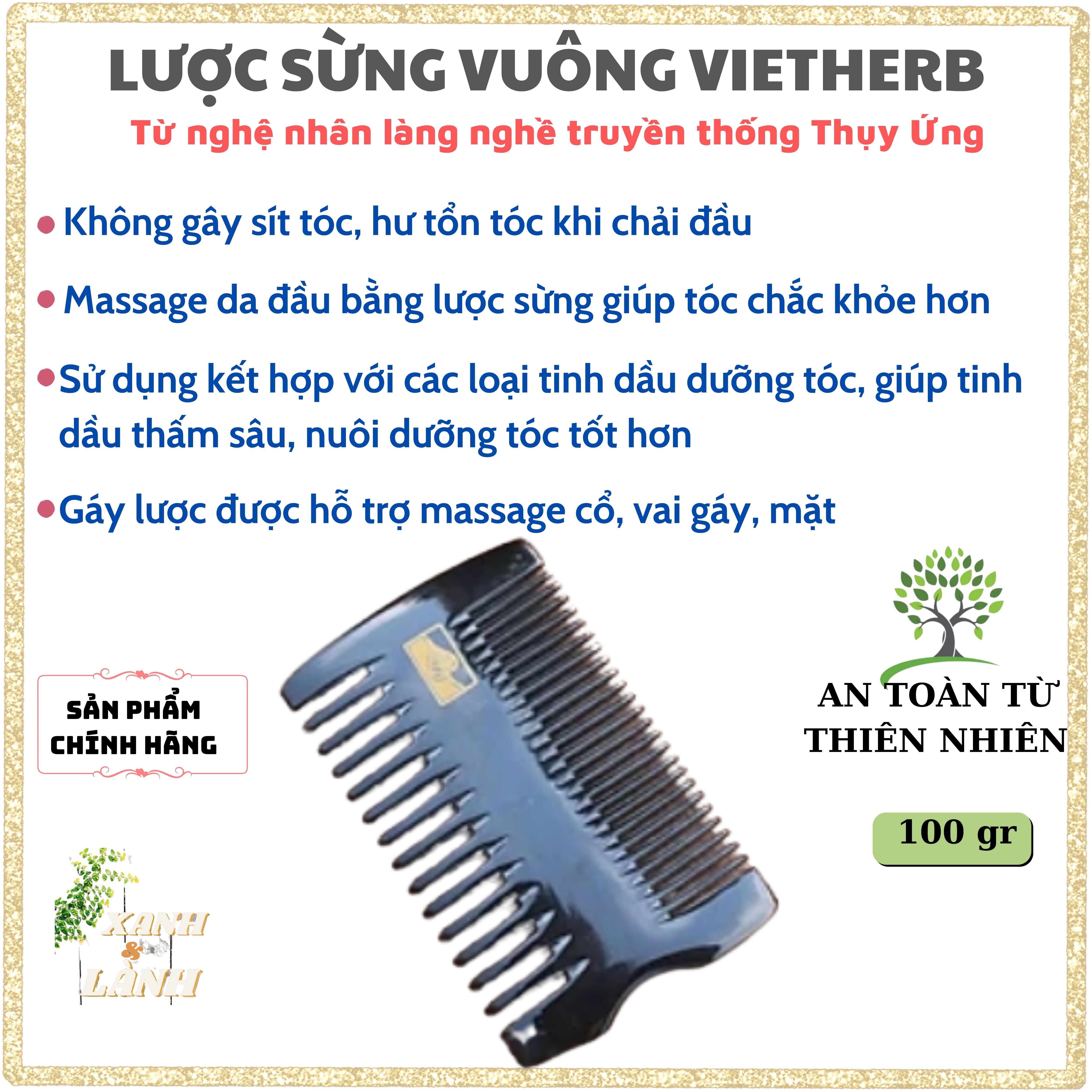 Lược Sừng Vuông Làng Nghề Truyền Thống Thụy Ứng Vietherb Không Sít Tóc, Hư Tổn Tóc Khi Chải Đầu, Giúp Tóc Chắc Khỏe, Kết HợpTinh Dầu Dưỡng Tóc, Gáy Tạo Xoắn Hỗ Trợ Massage Cổ, Vai Gáy, Mặt