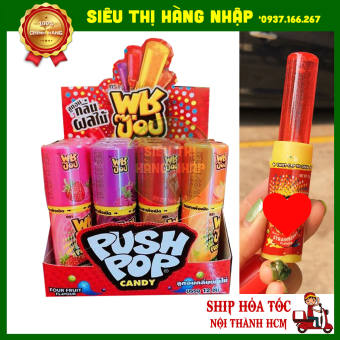 Lốc 12 cái kẹo mút son môi Push Pop Thái Lan 4 Vị cho bé vừa ăn vừa chơi (dâu, nho, cam, cola)