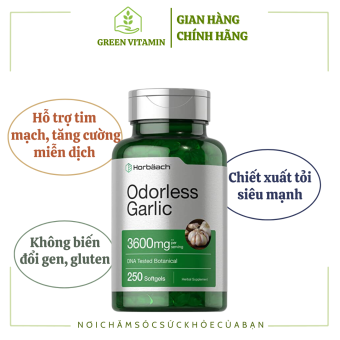 Horbaach Odorless Garlic 3600mg - Viên uống tinh dầu tỏi không mùi hỗ trợ tim mạch, tăng cường hệ miễn dịch 250 viên