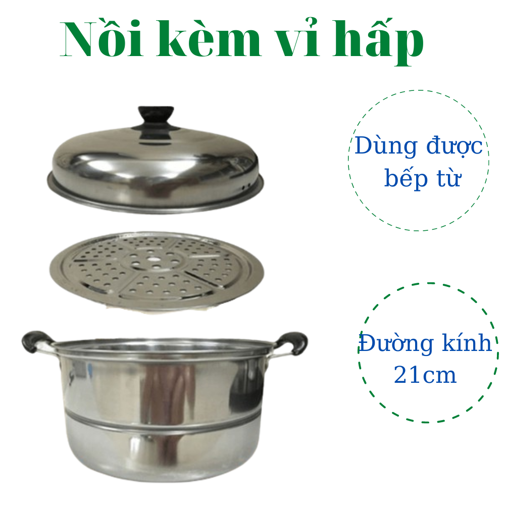 Nồi inox có khay hấp tiện lợi 21cm, Nồi chuyên hấp cách thủy như bánh bao, xôi... cho mọi nhà