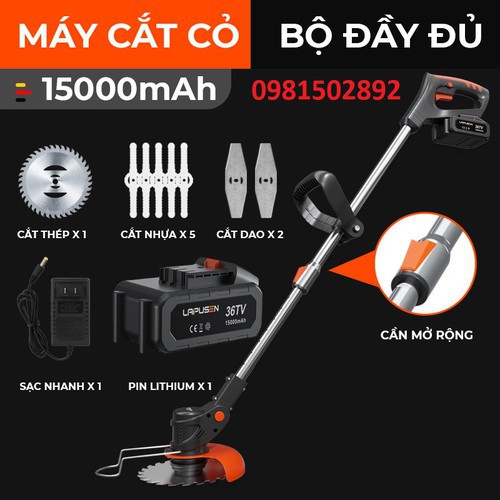 Máy cắt cỏ pin cầm tay LAPUSEN 36V KHÔNG CHỔI THAN,  pin khủng 10 cell, Hàng nhập khẩu đức cao cấp máy cắt cỏ hoặc tỉa cành có thanh kéo dài đến 1.3m thu nhỏ 75cm rất tiện