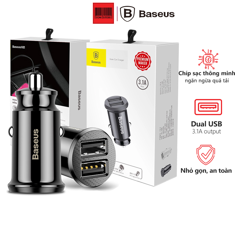 Bộ tẩu sạc đa năng dùng cho xe hơi Baseus Grain Mini (5V, 3.1A Fast Charge, 2 cổng USB Car Charger) Tẩu sạc 2 cổng usb nhỏ gọn dành cho ô tô, xe máy