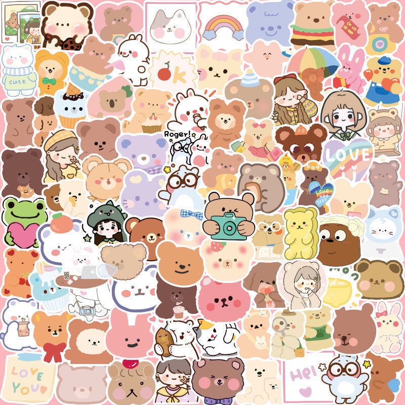 Set 100 sticker hình dán gấu nhiều màu chống thấm nước
